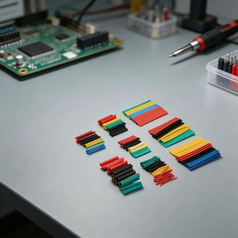 Check Out This Awesome 164pcs Heat Shrink Tubing Kit With 8 Sizes And 5 Colors For Your Wiring Needs Featuring Flame Retardant Polyolefin Wire Sleeves With Strong Insulation For Electricians And DIY Projects To Keep Cables Safe From Damage. assorted heat shrink tubing sizes and colors on workbench