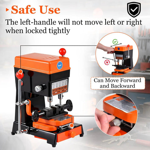 Badass Vertical Cutter And Duplicator Machine With Adjustable Speed Drill Bits For Precision Metal Grooving And No Sweat Door Car Duplication Runs On 110 Or 220 V Plug In Easy Setup, featuring safety lock and forward-backward movement.