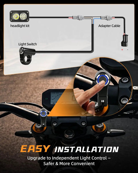 3 Inch White 6000 6500K Headlight Kit With Spot Flood Beam for Dirt Bikes and Electric Motorcycles, blue switch close-up