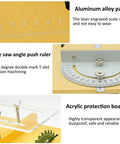 Aluminum alloy panel with laser engraved scale, table saw angle push ruler, acrylic protection board on Heavy Duty Mini Sliding Table Saw.