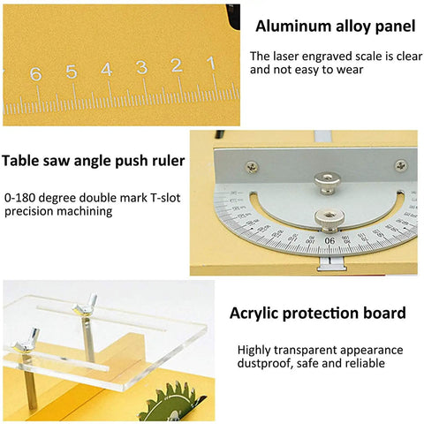 Aluminum alloy panel with laser engraved scale, table saw angle push ruler, acrylic protection board on Heavy Duty Mini Sliding Table Saw.
