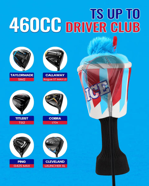 Ice Slushie Cup Golf Driver Cover 460cc Head Cover, Milk Shake Ice Cream Theme in Blue and Red, for Golf Club Protection.