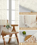 Ivory Sheer Curtains Two Panel Set For Bedroom Or Living Room, Light Filtering Soft Tufted Texture, Leaf Pattern, Installed View