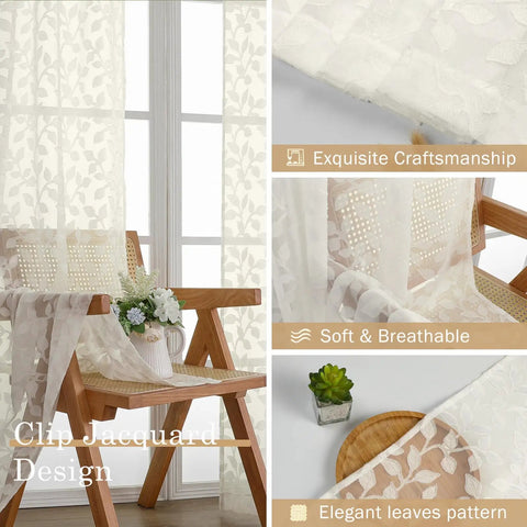 Ivory Sheer Curtains Two Panel Set For Bedroom Or Living Room, Light Filtering Soft Tufted Texture, Leaf Pattern, Installed View