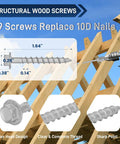 Heavy Duty Galvanized Joist Hanger And Decking Screws For Framing Nine By One And A Half Inch Self Tapping Wood Screws With Hex Socket Zinc Plated Steel For Rust Resistance 500 Hour Salt Spray Tested Replaces 9112R500 Joist Screws shown in use with diagram and close-up of screw details.