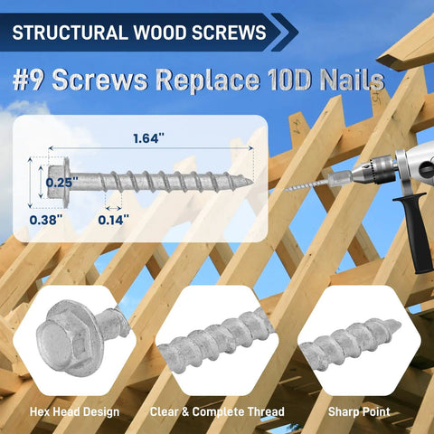 Heavy Duty Galvanized Joist Hanger And Decking Screws For Framing Nine By One And A Half Inch Self Tapping Wood Screws With Hex Socket Zinc Plated Steel For Rust Resistance 500 Hour Salt Spray Tested Replaces 9112R500 Joist Screws shown in use with diagram and close-up of screw details.