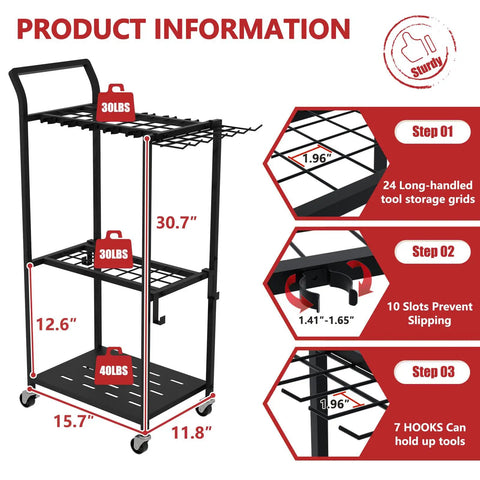 Heavy Duty Rolling Garden Tool Organizer On Wheels With 14 Hooks And 5 Slots, 3 Tier Metal Cart for garage shed outdoor use.