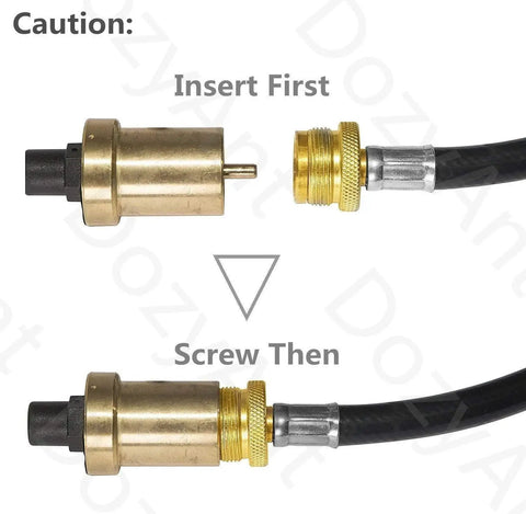 Close-up of 4 Feet Propane Adapter Hose 1 Lb To 20 Lb Converter with brass fittings showing connection sequence instructions.