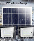 Solid Solar Flood Light With A Kickin Brightness Setup And Zero Sweat Weather Proofing For Your Patio Decks And Yard Upgrades Including Remote Controls And Hella Efficient Led Lighting For Real Deal Outdoor Nighttime Illumination, featuring IP65 waterproof design, solar panel, and dual LED lights.
