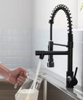 Kitchen Faucet with Pull Down Sprayer, Commercial Spring Single Handle Stainless Steel Sink Faucet, Two Function Spray Head, High Arc Single Hole Kitchen Faucet cUPC/NSF/NSF61 (Black) in use pouring water.