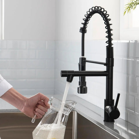 Kitchen Faucet with Pull Down Sprayer, Commercial Spring Single Handle Stainless Steel Sink Faucet, Two Function Spray Head, High Arc Single Hole Kitchen Faucet cUPC/NSF/NSF61 (Black) in use pouring water.
