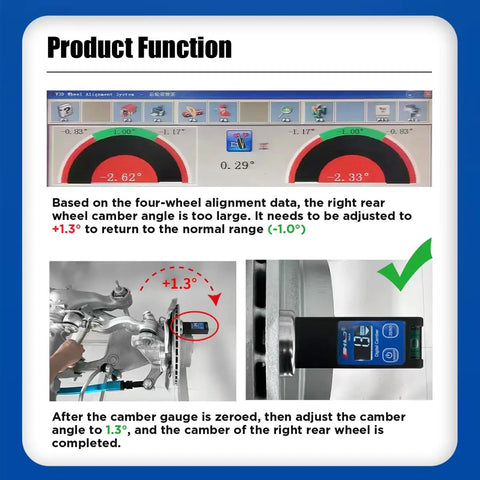 Product function display of Shop Tested Digital Camber Gauge For Car Alignment Plus Suspension Tuning with adjustment instructions.