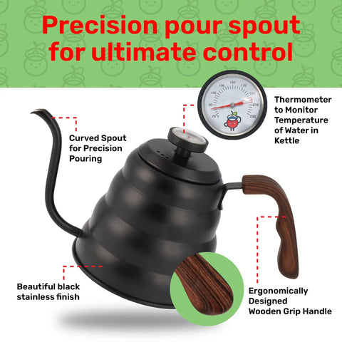 Gooseneck Pour Over Kettle With Built In Thermometer Pro Grade Stainless Steel Stovetop Kettle Insulated Handle 40.6 Oz 1200 Ml