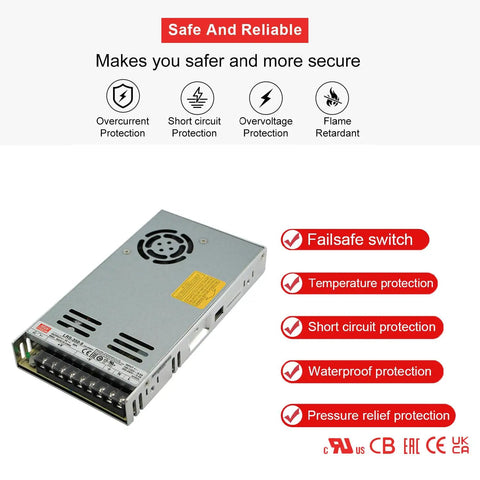 Heavy Duty 350W Switching Power Supply Powers Your Automation Setup With Rock Solid 5V At 60 Amps While Supporting Dual Voltage Input, showcasing safety features like overcurrent protection.