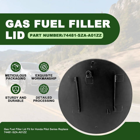 Honda Pilot Gas Fuel Filler Cover Lid Replacement For 2009 To 2015 3 5L V6 SOHC Naturally Aspirated Fits EX LX EX L Sport Utility 74481 SZA A01ZZ EZ Install shown in a promotional image with product details.
