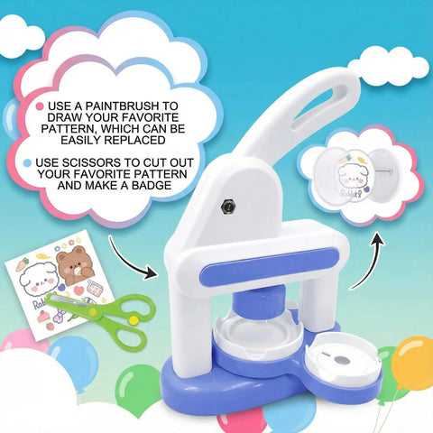 Make Awesome Button Maker Machine Kit Creates 55 Mm And 35 Mm Badges With Sturdy Metal Pressing Mechanism Includes Thirty Six Buttons Six Magnets Six Keychains Plus Cutter Scissors Portable Chill DIY Fun For The Squad At Home Or On The Road. White badge maker kit with scissors and custom button design