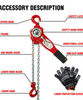 Heavy Duty Lever Chain Hoist 1700 Lbs Capacity 5 Ft Manual Ratchet Chain Puller With labeled parts and gloves