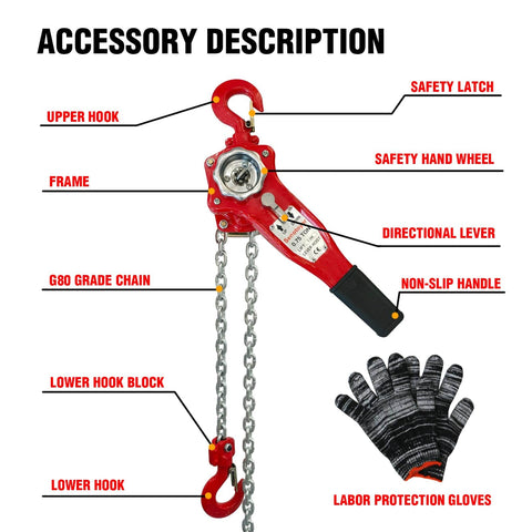 Heavy Duty Lever Chain Hoist 1700 Lbs Capacity 5 Ft Manual Ratchet Chain Puller With labeled parts and gloves