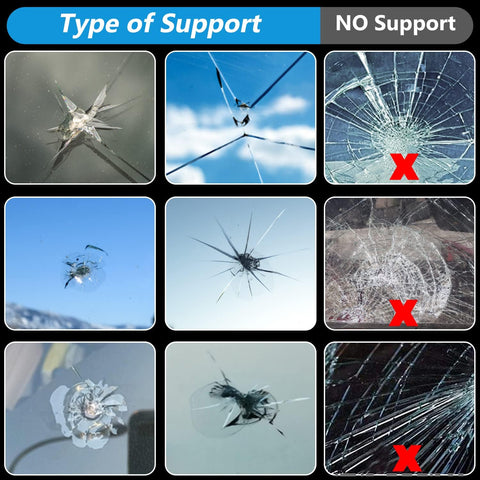 Image showing types of windshield cracks supported by Windshield Repair Kit 2 Pack For Chips And Cracks Quick Fix with highlights.
