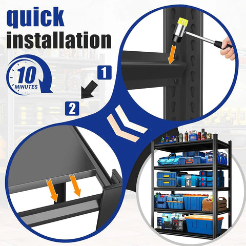 Heavy Duty Garage Shelving System 63 Inch Tall Adjustable Steel Standing Shelves assembly instructions and loaded shelves