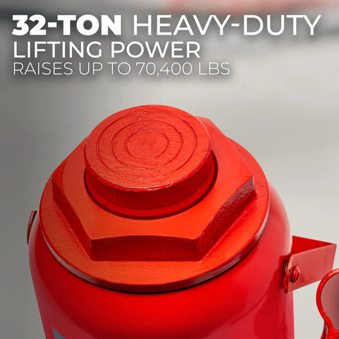 Close-up of red 32 Ton Hydraulic Bottle Jack Low Profile Auto Shop Lift For Cars Trucks RVs Buses Red Heavy Duty All Steel Construction