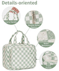 Must Have Hanging Toiletry Bag For Women Travel Organizer With Checkered Green Design, handles, double zippers, and front pocket.