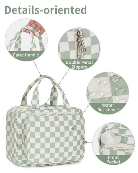 Must Have Hanging Toiletry Bag For Women Travel Organizer With Checkered Green Design, handles, double zippers, and front pocket.