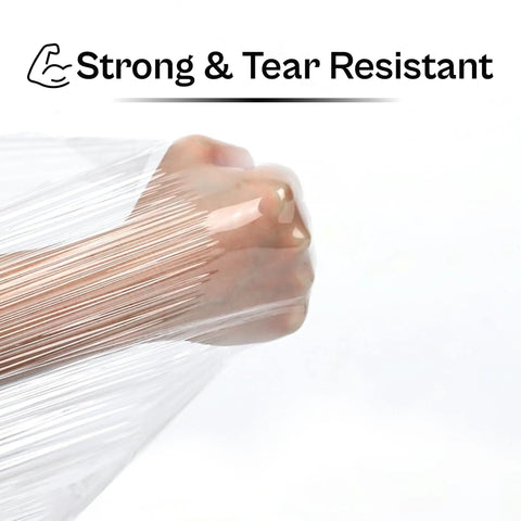 Heavy Duty Clear Cast Stretch Wrap 80 Gauge 19.7 X 6000 Ft Roll wrapped around a hand, demonstrating its strong and tear-resistant quality.
