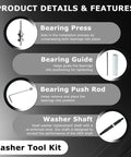 Top Shelf Washer Bearing Swap Kit With Oem Tub Seal And Heavy Duty Installation Tool Built For Whirlpool Cabrio Maytag Bravos, detailed washer tool kit components including bearing press and guide.