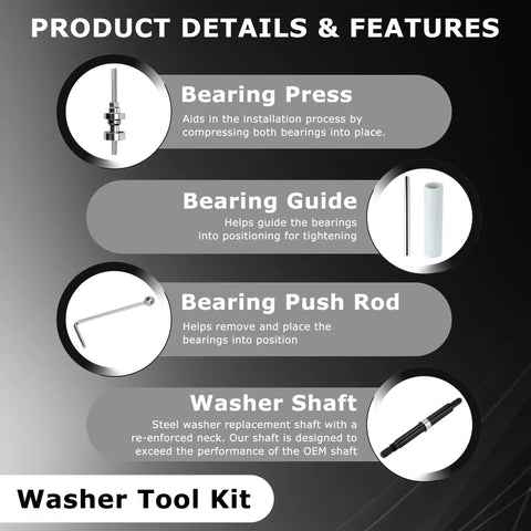 Top Shelf Washer Bearing Swap Kit With Oem Tub Seal And Heavy Duty Installation Tool Built For Whirlpool Cabrio Maytag Bravos, detailed washer tool kit components including bearing press and guide.