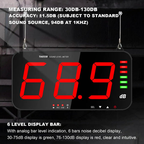 Digital Decibel Meter With Large LCD Display For Home Office And Workshop 30 To 130 dB Sound Level Reader Wall Mounted Or Hanging Noise Meter With Alarm Temperature And Humidity Readout Adjustable Brightness TA654B, front view with 68.9 dB display