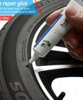 Sixty Piece Heavy Duty Tubeless Tire Repair Kit With Slick Rubber Nails And Quick Cure Glue For Instant Puncture Fix And No Sweat Roadside Rescue Plug It Tight Now, applying tire repair glue on tire.