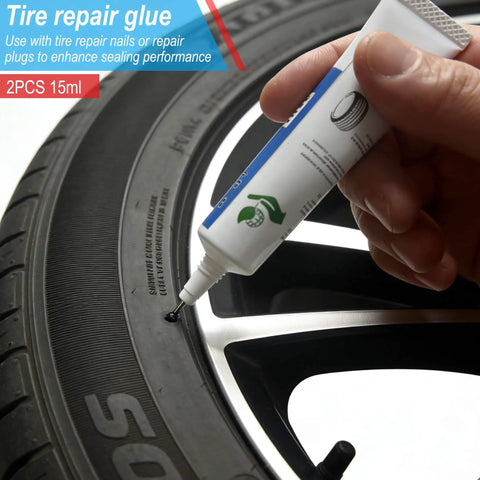 Sixty Piece Heavy Duty Tubeless Tire Repair Kit With Slick Rubber Nails And Quick Cure Glue For Instant Puncture Fix And No Sweat Roadside Rescue Plug It Tight Now, applying tire repair glue on tire.