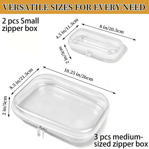 Solid 5 Pack Clear Hard Shell Zipper Cases Stackable Storage Pouches shown in various sizes for organizing cosmetics and cables.