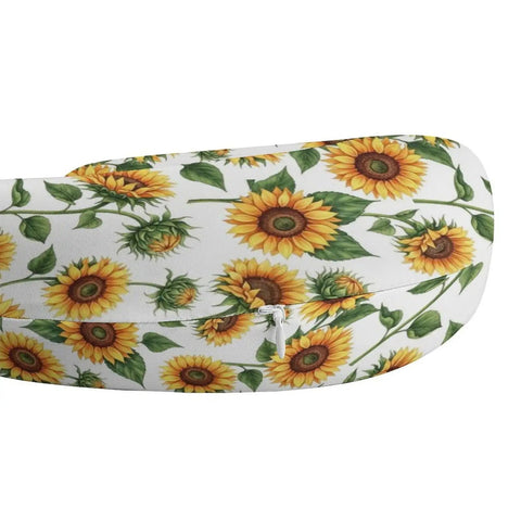 Sunflower Floral White Women's Neck Pillow With Memory Foam For Travel, featuring vibrant sunflower design, zipper visible