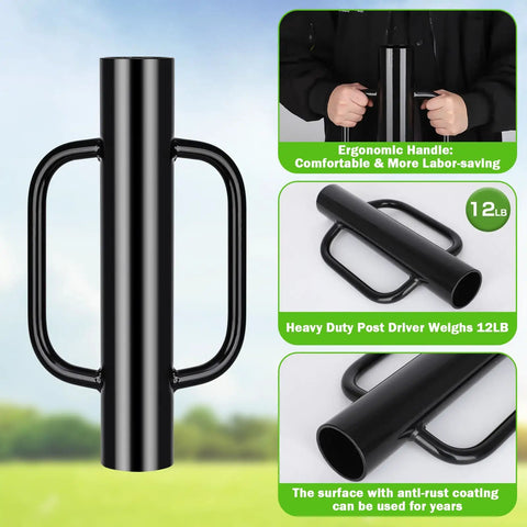 12 Pound T Post Driver with handles shown in ergonomic design, 17 inch black steel with corrosion-resistant powder coat for durability.