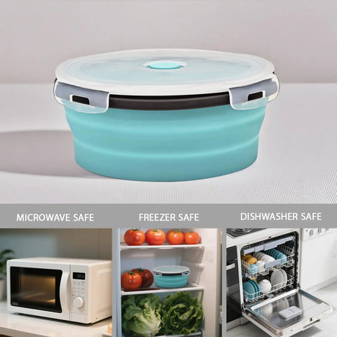 8 Piece Silicone Collapsible Food Storage Bowl With Lid in microwave, freezer, dishwasher; space saving for RV and camping.
