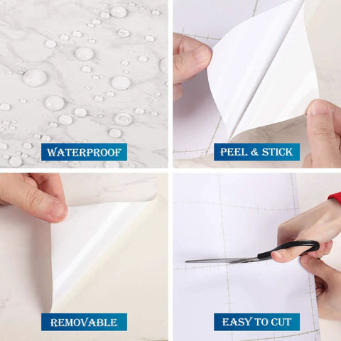 Charcoal Grey Marble Contact Paper Peel And Stick Self Adhesive Waterproof Vinyl showing waterproof, peel & stick, removable, easy to cut features.