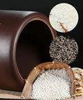 Heavy Duty Purple Clay Ceramic Storage Jar with rice, tea leaves, and snacks for pantry organization.