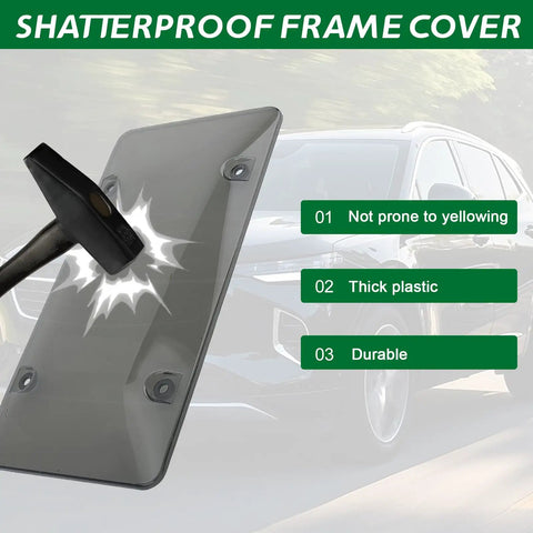 Two Pack Clear License Plate Cover And Frame Set With Screws And Caps, Tough ABS Build, shatterproof shield impact test.