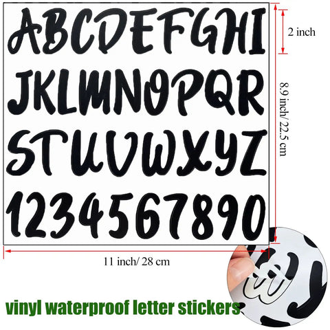 Bulk 360 Piece Self Adhesive Vinyl Letter And Number Sticker Set For Mailboxes Signs Windows Doors Cars Trucks And More 2 Inch Black Waterproof Durable Alphabet And Numerals displayed on 10 sheets with hand showing thickness.