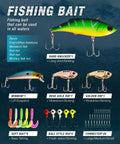 Assorted fishing baits including hard knocker, minnow, soft baits, and rig connectors displayed against a blue background.