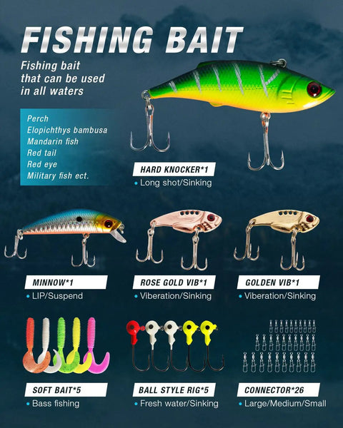 Fishing bait types displayed, including hard knocker, minnow, vibrating lures, soft baits, and ball style rigs with hooks.