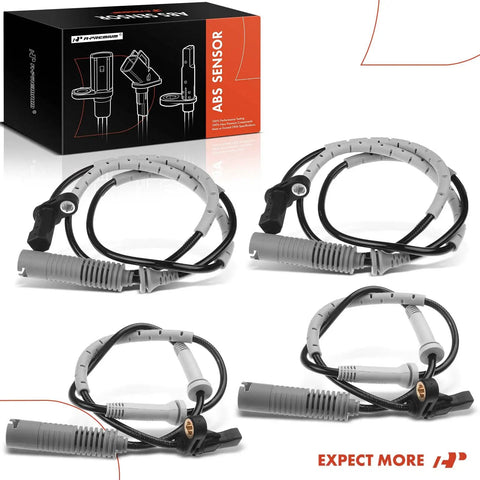 Set Of 4 Front And Rear Abs Wheel Speed Sensors For Bmw 1 And 3 Series, direct fit black and grey sensors in a product display.