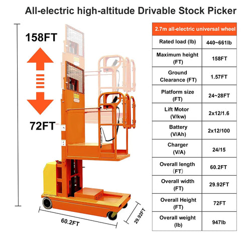 Fully Electric Self-Propelled Order Picker Lift Truck With 661 Lbs Capacity, 158FT height, orange design, suitable for narrow aisle use.