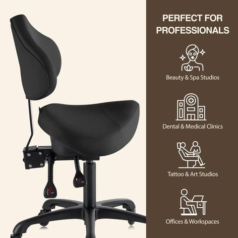 Pneumatic Swivel Saddle Chair With Wheels For Hair Stylists Dentists Hygienists And Spa Pros Ergonomic Back Support Black