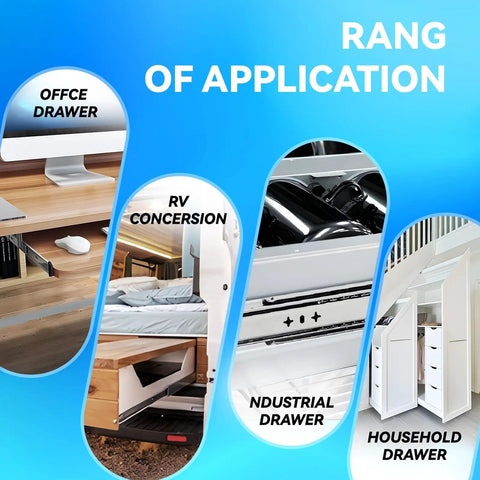 Beefy Heavy Duty Drawer Slides Full Extension Side Mount Rails for 20 to 40 Inch Drawers shown in various applications.
