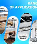 Beefy Heavy Duty Drawer Slides Full Extension Side Mount Rails For Tool Chests And Cabinets 18 Inch Fit 20 22 30 32 34 36 38 40 Inch Units 260lb Capacity Industrial Grade Steel Track Guides Runners 150000 Cycles shown in office drawer, RV, industrial, and household use