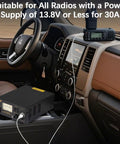 High Current 13.8V DC Bench Power Supply for Ham Radios, 30A Peak, in use in a car interior with radio equipment