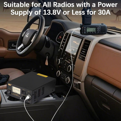 High Current 13.8V DC Bench Power Supply for Ham Radios, 30A Peak, in use in a car interior with radio equipment